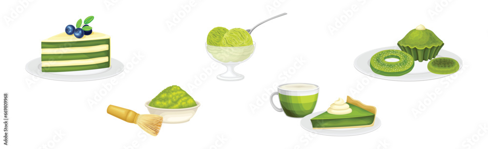 Wall mural Sweet Green Desserts and Treat with Drink Vector Set