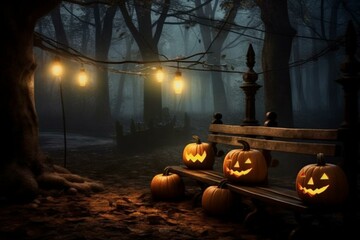 Eerie Halloween ambiance: glowing pumpkins, eerie bench, spooky forest. Generative AI