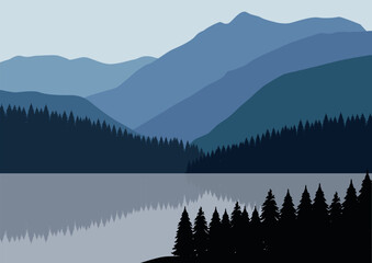 Pine forest mountains with the lake. Vector illustration in flat style.