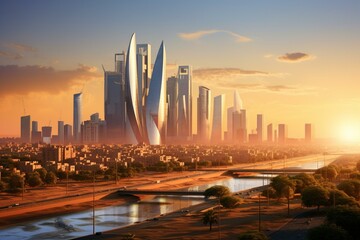 Morning view of Riyadh's King Abdullah Financial District. Generative AI - obrazy, fototapety, plakaty