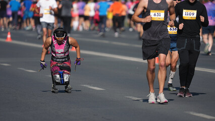 Disability athlete working out. Girl roll wheel chair. Invalid run sport race. Paralympic game arena. Fast city life. Handicap fit walk slow motion. Active body train. Female runner jog finish line.