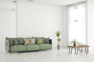 Modern minimalist interior with sofa on empty white color wall background. Interior mockup. Scandinavian interior design. 3D illustration