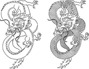 Japanese red dragon tattoo.Dragon on red background for Chinese New Year.Gold Chinese Dragon vector.Gold line art King Dragon tattoo.cartoon vector for t-shirt.