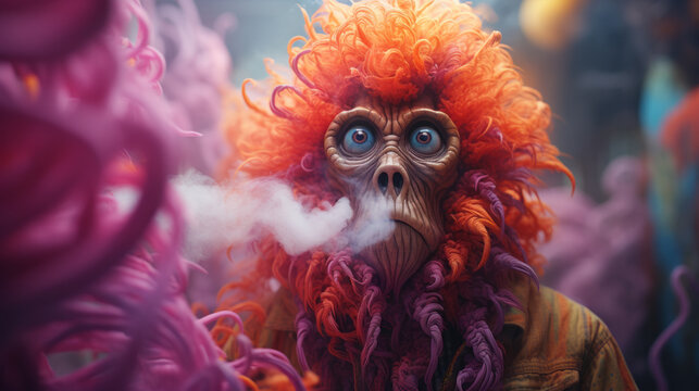 Cartoon movie character, creepy alien monkey monster with colorful fluffy hair.
