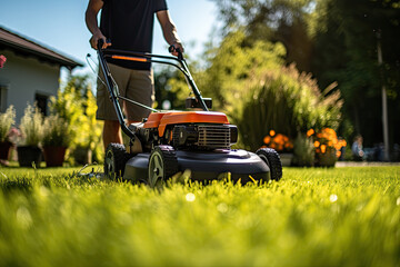 Man mowing the lawn with a lawn mower in the garden. Gardening concep