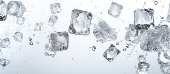 Floating gray ice cubes with air bubbles in water on a white backdrop