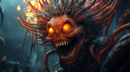 Cartoon movie character, scary creepy demon with glowing eyes screaming. - obrazy, fototapety, plakaty