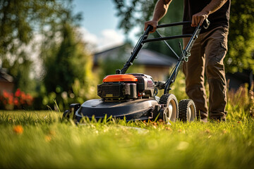 Man mowing the lawn with a lawn mower in the garden. Gardening concep - obrazy, fototapety, plakaty