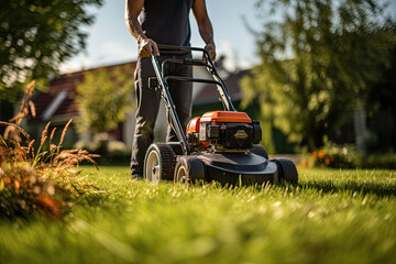 Man mowing the lawn with a lawn mower in the garden. Gardening concep