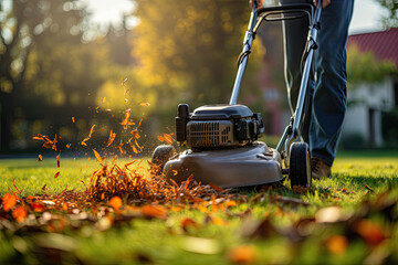 Man mowing the lawn with a lawn mower in the garden. Gardening concep - obrazy, fototapety, plakaty