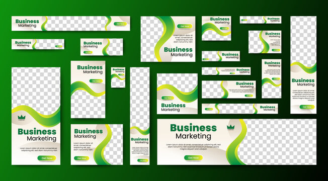 Professional business web ad banner template with photo place. Modern layout white background and green shape and text design