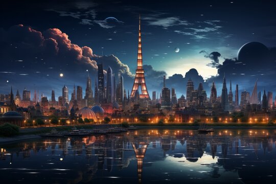 3d illustration of night city with a bright lights and stars on sky.
