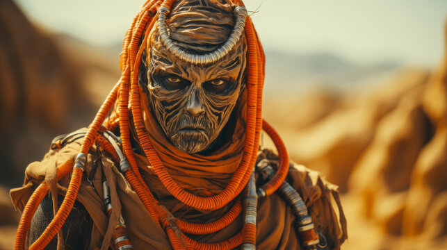 Scary humanlike alien creature from outer space in proxima centauri desert.