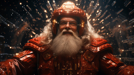 Happy Santa Claus wearing red futuristic suit.