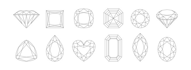 Gemstone outline icon set. Diamonds of different shapes isolated on white. Vector line crystal collection. © Sunnydream