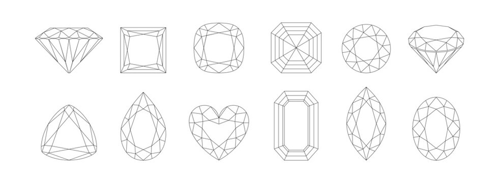 Gemstone outline icon set. Diamonds of different shapes isolated on white. Vector line crystal collection.