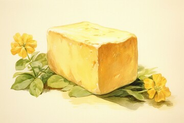 Botanical watercolor sketch of butter on plain background. Generative AI