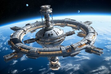 Advanced space station orbits distant planet, displaying futuristic technology and scientific innovation. Generative AI