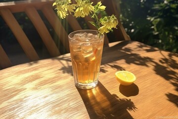 a cool drink on an outdoor table in the summer sun. Generative AI - obrazy, fototapety, plakaty