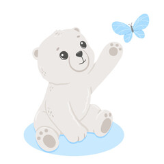 Cute baby bear and butterfly. Vector cartoon hand drawn childish illustration for kids. Polar animal isolated on white