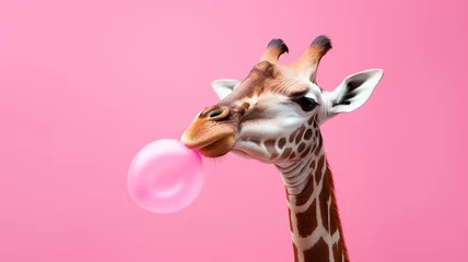 Tuinposter Giraffe blowing bubble gum on pink a background © Tierney