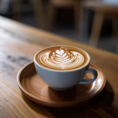 White coffee cup with heart shape latte art on wood tab. Generative AI.