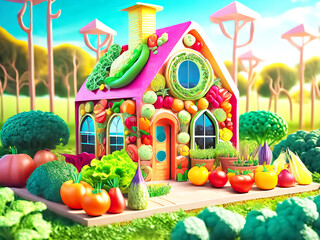 果物と野菜で飾り付けされたカラフルで可愛いお家とお花畑の背景 