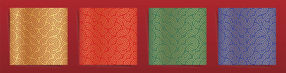 Asian Dragon Seamless Patterns for Chinese New Year Celebration and Lunar Festival. Luxury Swirls and Curves Red, Green, Golden Dragon Elements for Decoration, Print Backgrounds, Textile Patterns.