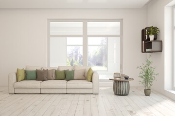 White living room with sofa. Scandinavian interior design. 3D illustration