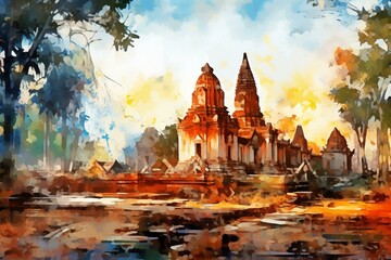 Impressionist painting of a watercolor style illustration depicting an ancient ruin landscape in Ayutthaya World Heritage Site. Generative AI - obrazy, fototapety, plakaty