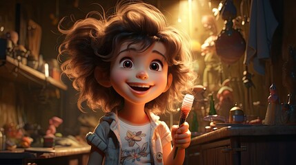 Little joyful child smiling, cartoon girl sorceress playing with a magic wand - obrazy, fototapety, plakaty