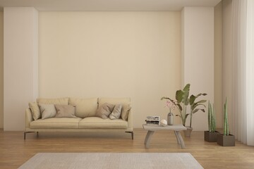 White scandinavian interior design with sofa. 3D illustration