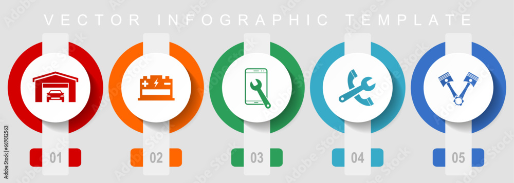 Poster workshop flat design icon set, miscellaneous icons such as pistons, battery, service and tools, vect
