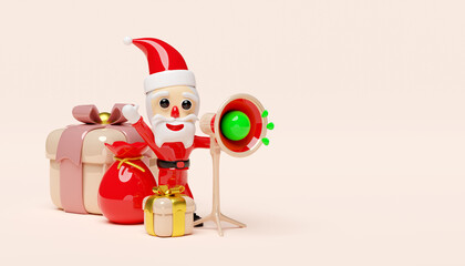 Santa claus holds megaphone or hand speaker with gift bag, gift box. announce promotion news, merry christmas and festive New Year, 3d render illustration