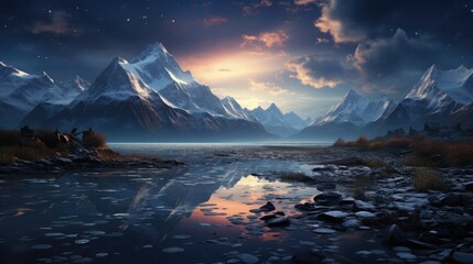 Frozen ice lake and high snow-capped winter mountains at sunset, beautiful mountain natural landscape