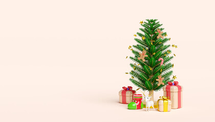 Christmas tree with decorations, gingerbread man, candy cane, gift box, deer, sock. merry christmas and happy new year, 3d render illustration