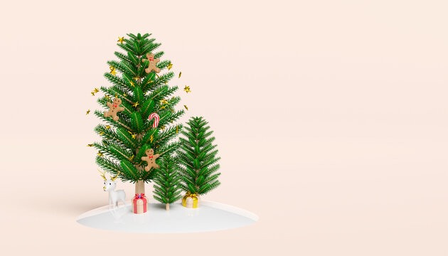 Christmas tree with decorations, gingerbread man, candy cane, gift box, deer, snow hill. merry christmas and happy new year, 3d render illustration