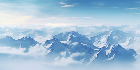 Fototapeta na wymiar Aerial view of snowy mountain tops with clouds Majestic Aerial View of Snowcapped Mountains Piercing the Clouds on a Crisp Winter Day generative AI
