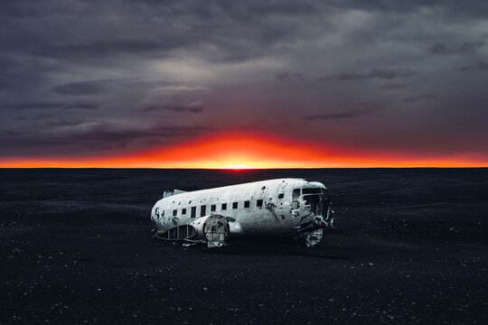 Old Plane Crashed on Black Sand Iceland Beach