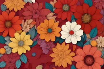 Foto auf Acrylglas abstract multicolor big flowers with red background full arrangement illustration © rutchakon