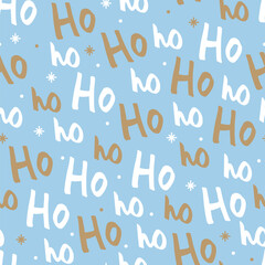 Vector seamless Ho ho ho pattern with snowflakes. Santa Claus laugh. Template texture for Christmas design. Background with gold handwritten words ho. Fabric textile print