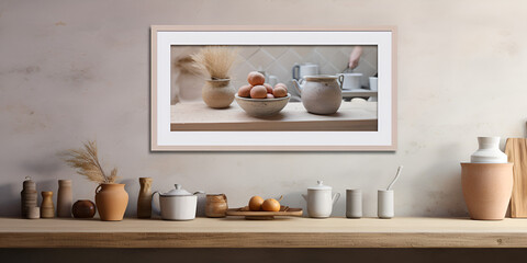 Fototapeta na wymiar Frame Mockup Kitchen Images,Beautiful Still Life Framed Vertical Poster,A picture of a jar of tomatoes on a table with a picture of a fruit on it.