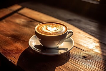 Coffee artistry. Close up of heart topped cappuccino on vintage wooden table. Morning indulgence. Freshly brewed espresso in dark cup