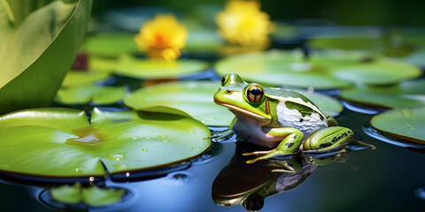 Frog On leaf in water,Frog Cycle,A frog sitting on a lily pad in a pond. The pond is full of lotus - obrazy, fototapety, plakaty