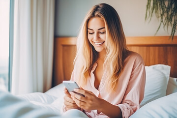 Beautiful young woman using mobile phone while relaxing in bed before bedtime, checking social media before going to sleep
