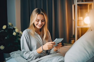 Beautiful young woman using mobile phone while relaxing in bed before bedtime, checking social media before going to sleep