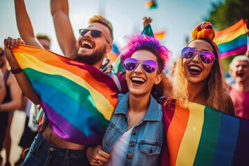 Happy group of gay people having fun and celebrating pride month together at the pride parade with colorful flag of rainbow colors