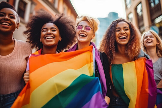 Happy group of gay people having fun and celebrating pride month together at the pride parade with colorful flag of rainbow colors