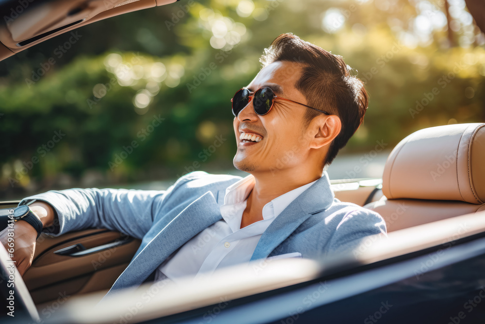 Wall mural Successful older asian businessman driving cabriolet car on a sunny day, handsome gentleman driving around countryside