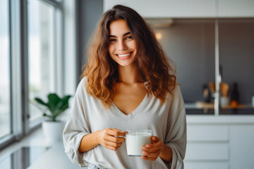 Beautiful young adult woman eating natural yogurt while standing by the window and smiling, healthy lifestyle representation